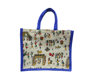 Traditional Folk Art Printed Canvas Gifting Tote Bag with blue jute side strap.