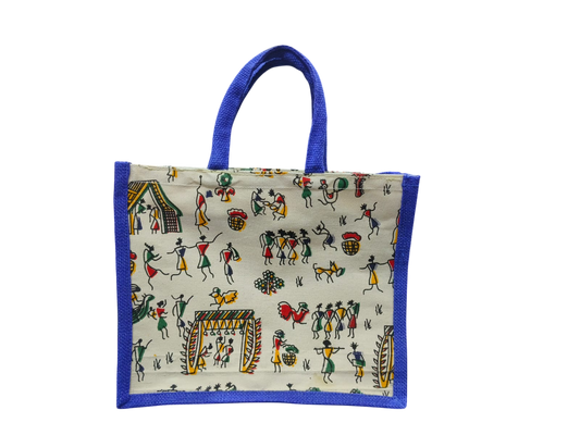 Traditional Folk Art Printed Canvas Gifting Tote Bag with blue jute side strap.