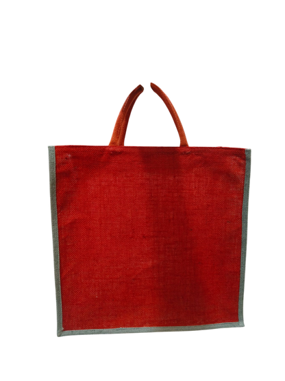Red Jute Shopping Tote Bag with Natural Border & Rope Handles