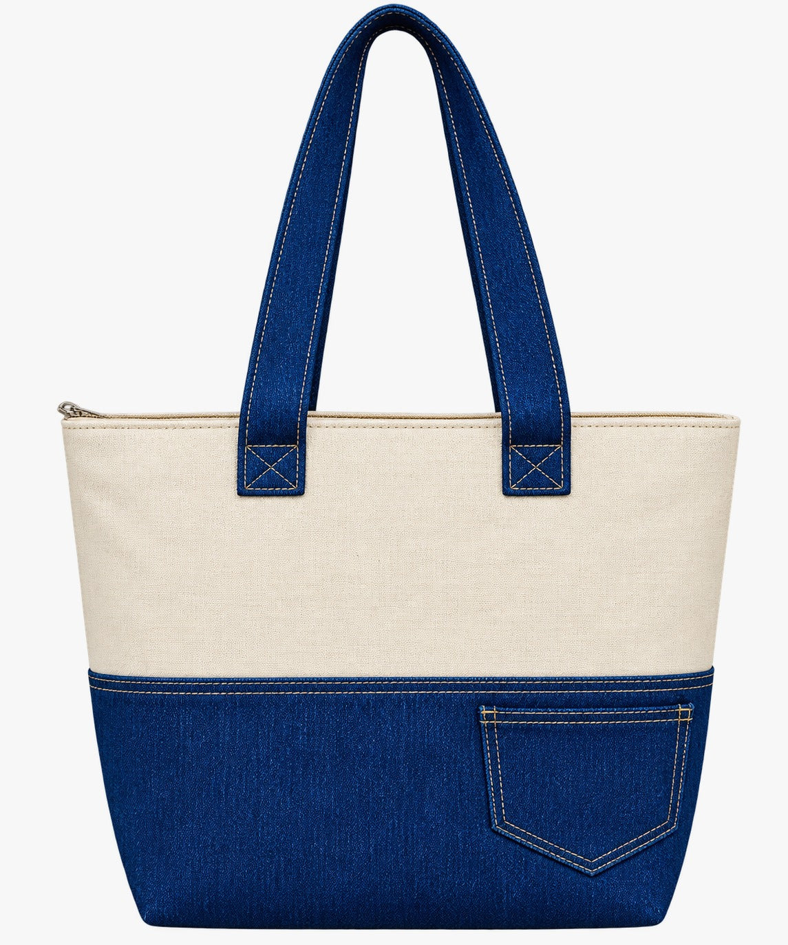 Classic Blue & Cream Canvas Tote Bag with Front Pocket