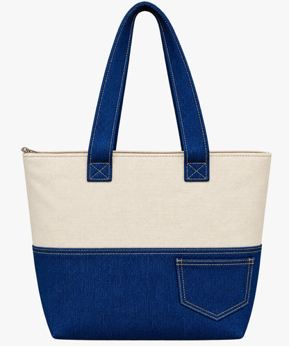 Classic Blue & Cream Canvas Tote Bag with Front Pocket