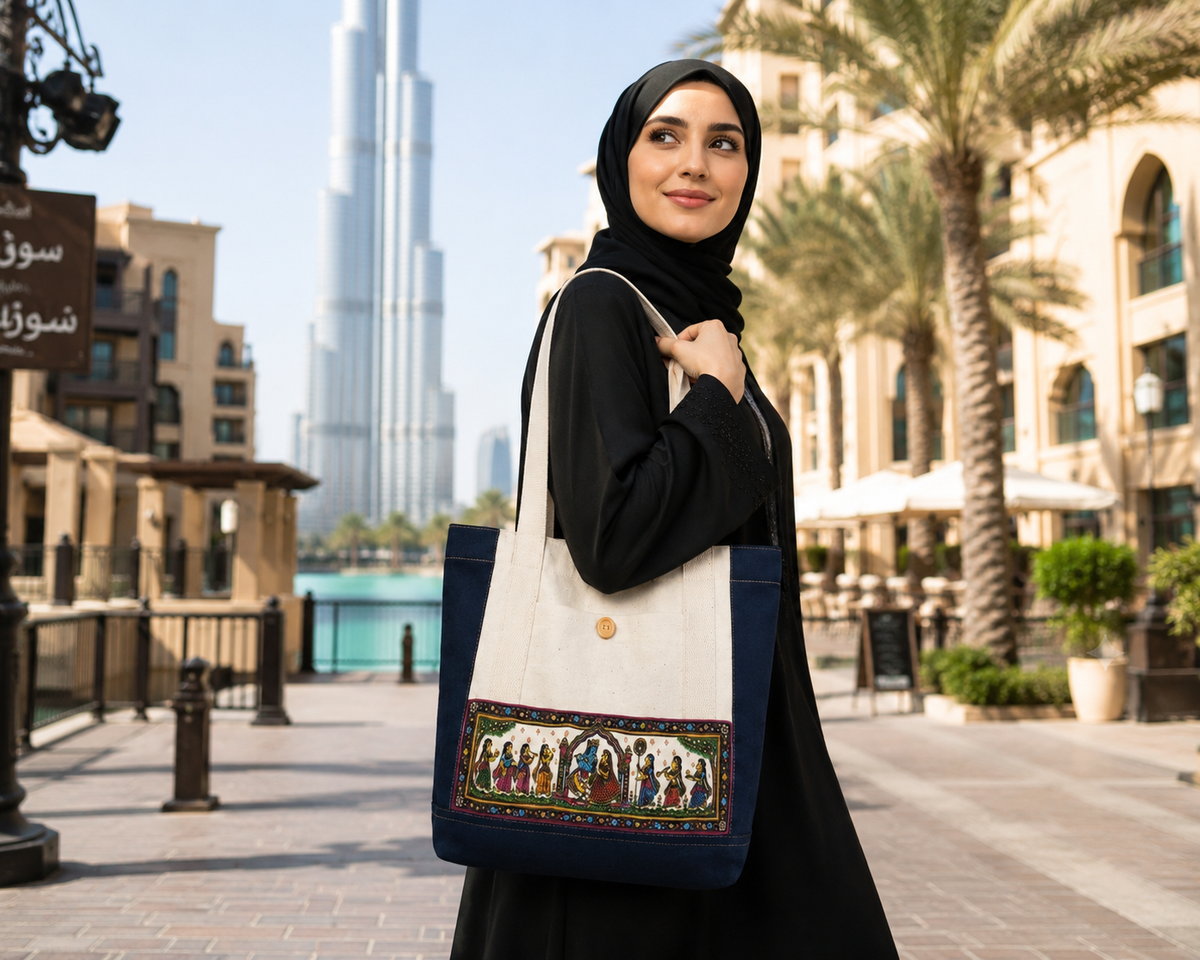 Hand crafted women denim and canvas beautiful Pattachitra Tote Bag