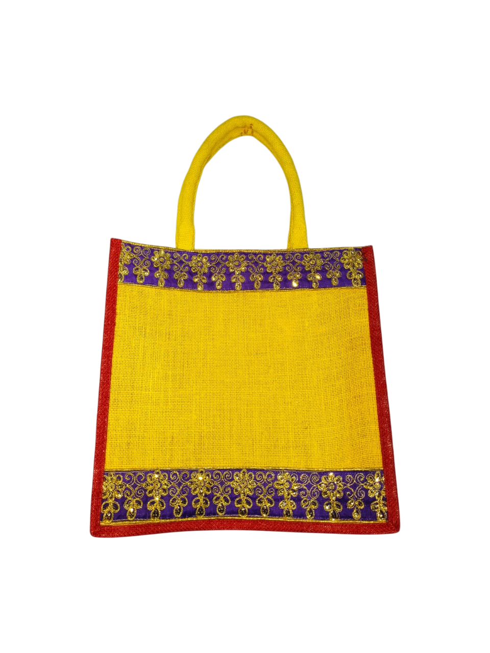 Premium Yellow Jute Gifting Bag with Embroidered Floral Border