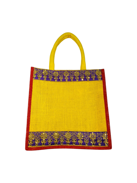 Premium Yellow Jute Gifting Bag with Embroidered Floral Border