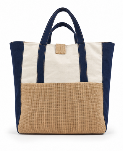 Premium Canvas & Jute Tote Bag with Denim-Style Trims – Navy Blue & Natural bag.