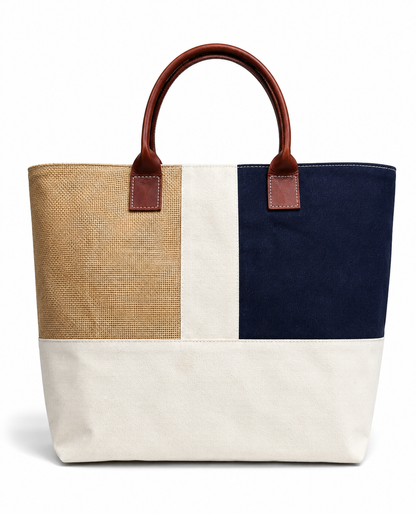Dubai-Inspired Premium Tote Bag – Denim, Canvas & Jute Multi-Fabric Shopping & Everyday Carry Bag