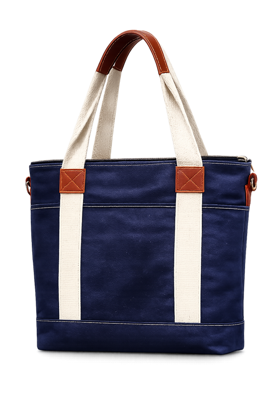 Dubai Skyline Denim Tote Bag – Navy Blue Unisex Shopping & Travel Bag with Zipper Pocket