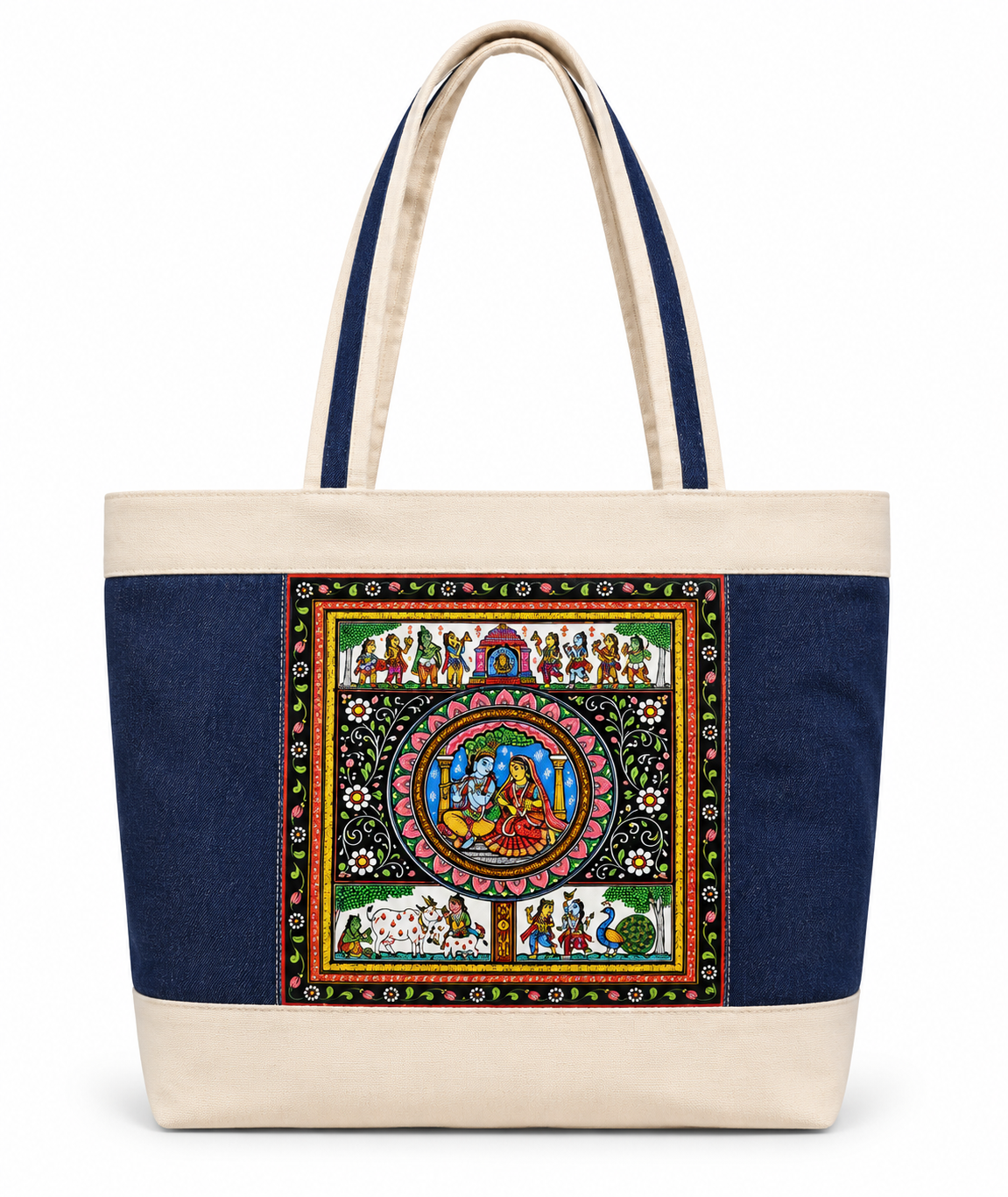 Handmade premium denim and Canvas Tote Bag with Traditional odish pattachitra Art Panel
