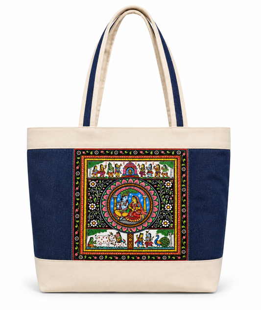 Handmade premium denim and Canvas Tote Bag with Traditional odish pattachitra Art Panel