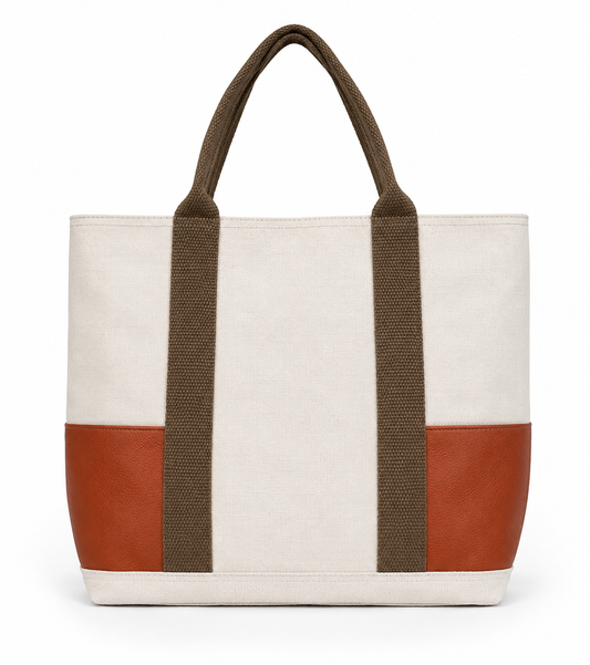 Handcrafted Natural Canvas Tote Bag with Brown leather & Shoulder Handles