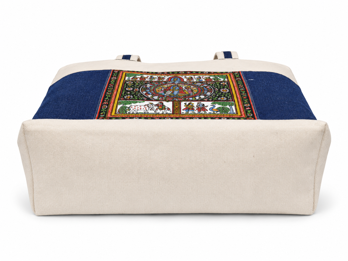 Handmade premium denim and Canvas Tote Bag with Traditional odish pattachitra Art Panel
