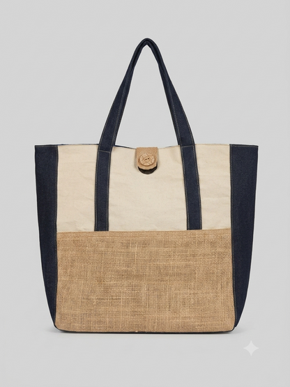 Premium Canvas & Jute Tote Bag with Denim-Style Trims – Navy Blue & Natural bag.