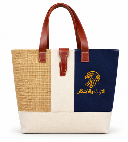 Premium Jute, denim and  Canvas embroideried Tote Bag with Leather-Style Handles
