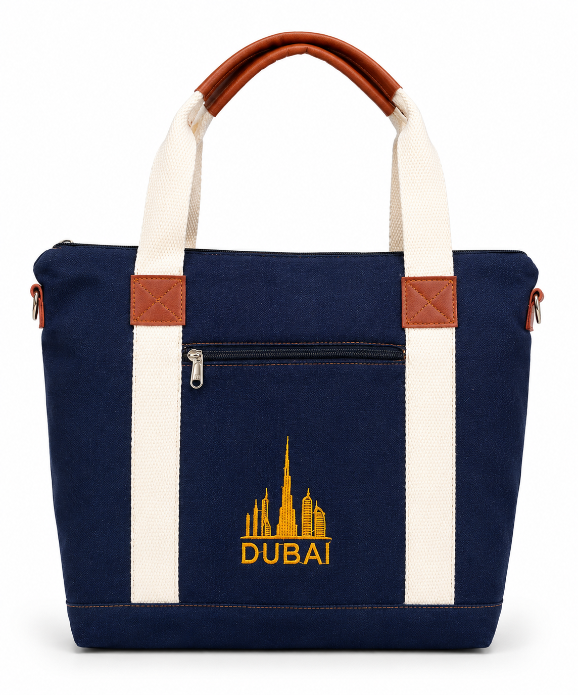 Dubai Skyline Denim Tote Bag – Navy Blue Unisex Shopping & Travel Bag with Zipper Pocket