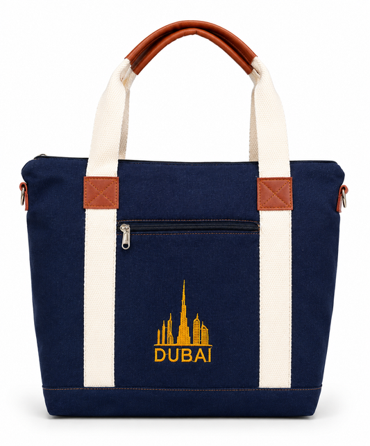 Dubai Skyline Denim Tote Bag – Navy Blue Unisex Shopping & Travel Bag with Zipper Pocket