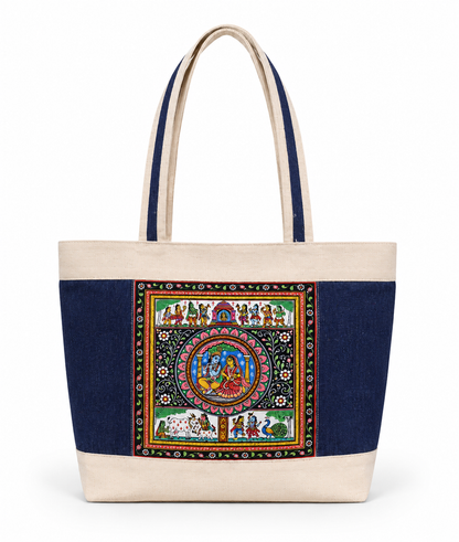 Handmade premium denim and Canvas Tote Bag with Traditional odish pattachitra Art Panel