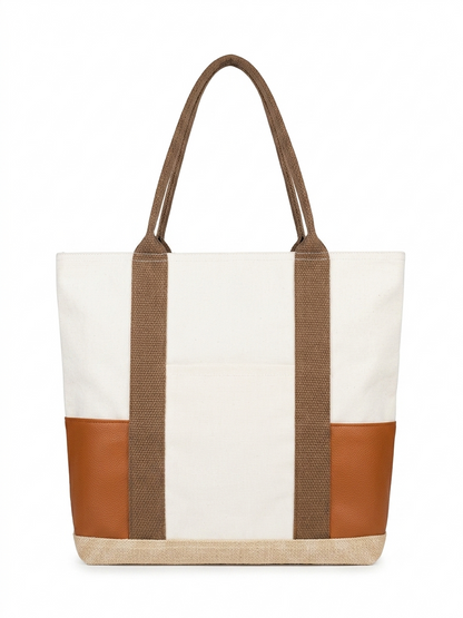 Handcrafted Natural Canvas Tote Bag with Brown leather & Shoulder Handles