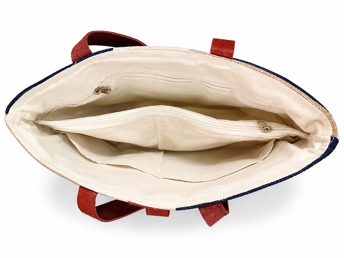 Premium Jute, denim and  Canvas embroideried Tote Bag with Leather-Style Handles