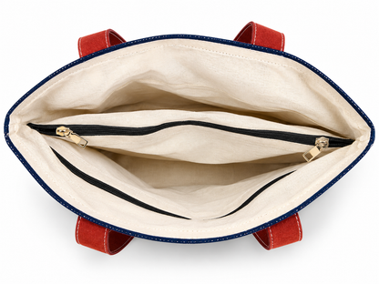 Canvas & Denim Tote Bag with Arabic Calligraphy – Navy Blue & Cream Reusable Shopping Bag