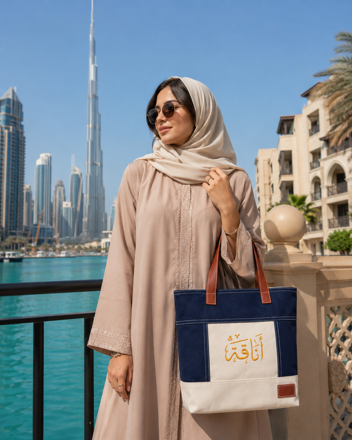 Canvas & Denim Tote Bag with Arabic Calligraphy – Navy Blue & Cream Reusable Shopping Bag