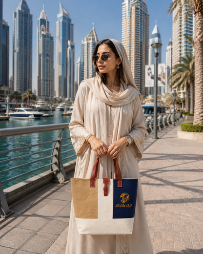 Premium Jute, denim and  Canvas embroideried Tote Bag with Leather-Style Handles