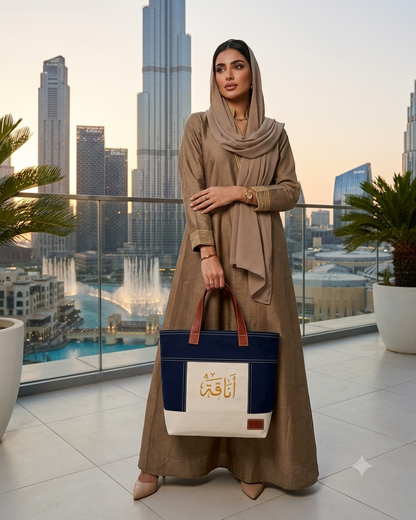 Canvas & Denim Tote Bag with Arabic Calligraphy – Navy Blue & Cream Reusable Shopping Bag