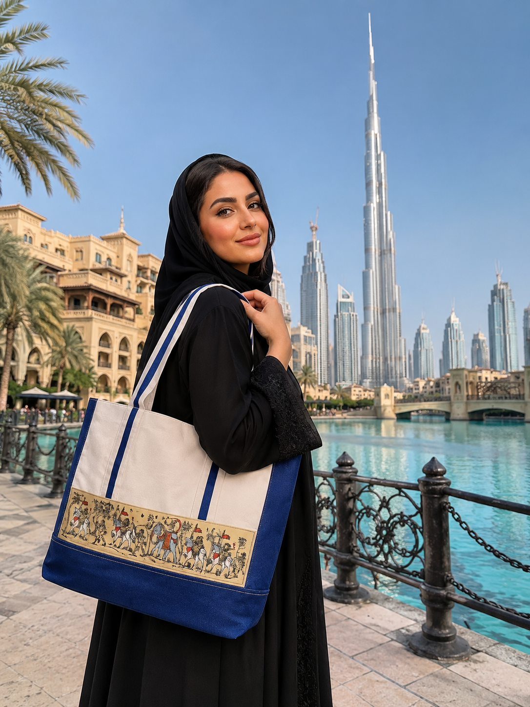 Heritage denim & Canvas Tote Women hand Bag with Ethnic pattachitra work.