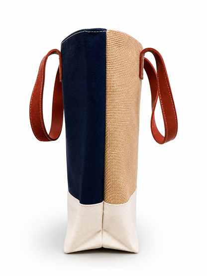 Premium Jute, denim and  Canvas embroideried Tote Bag with Leather-Style Handles