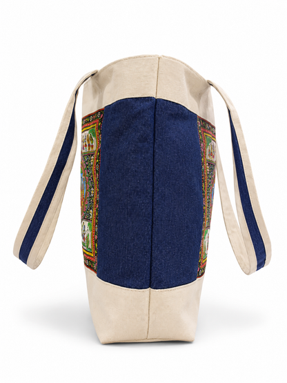 Handmade premium denim and Canvas Tote Bag with Traditional odish pattachitra Art Panel