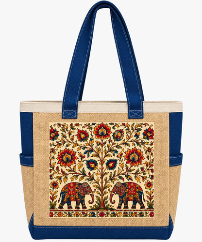 Royal Elephant Heritage Jute, denim and Canvas Tote Bag