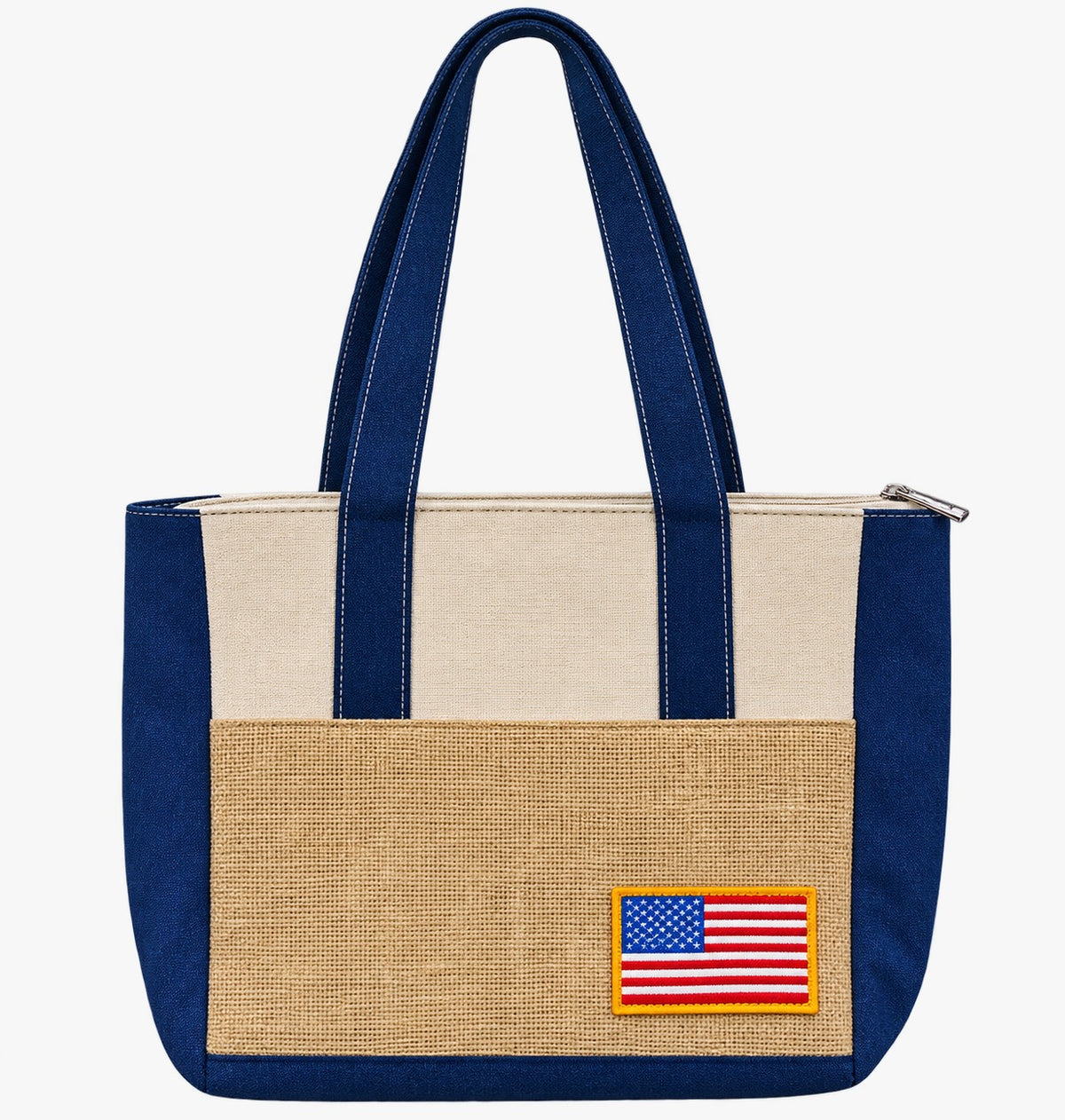 American Flag Jute & Canvas Tote Bag with Zipper