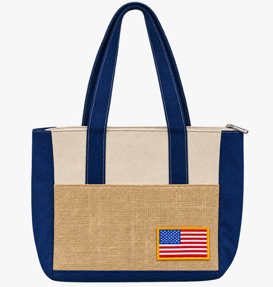 American Flag Jute & Canvas Tote Bag with Zipper